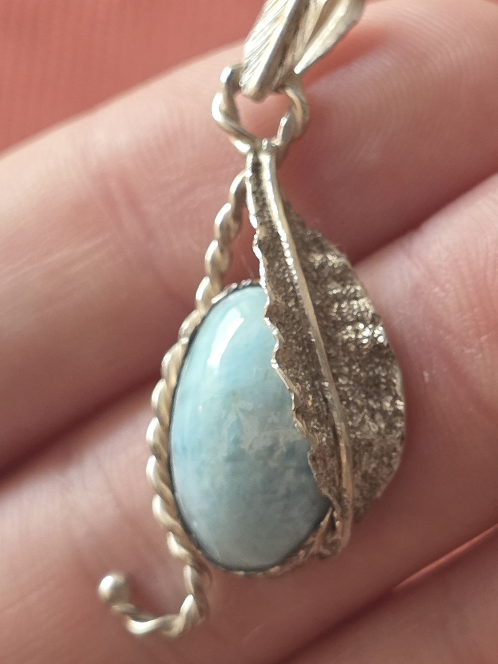 Sterling Silver Leaf Hand Crafted Pendant with Larimar Stone